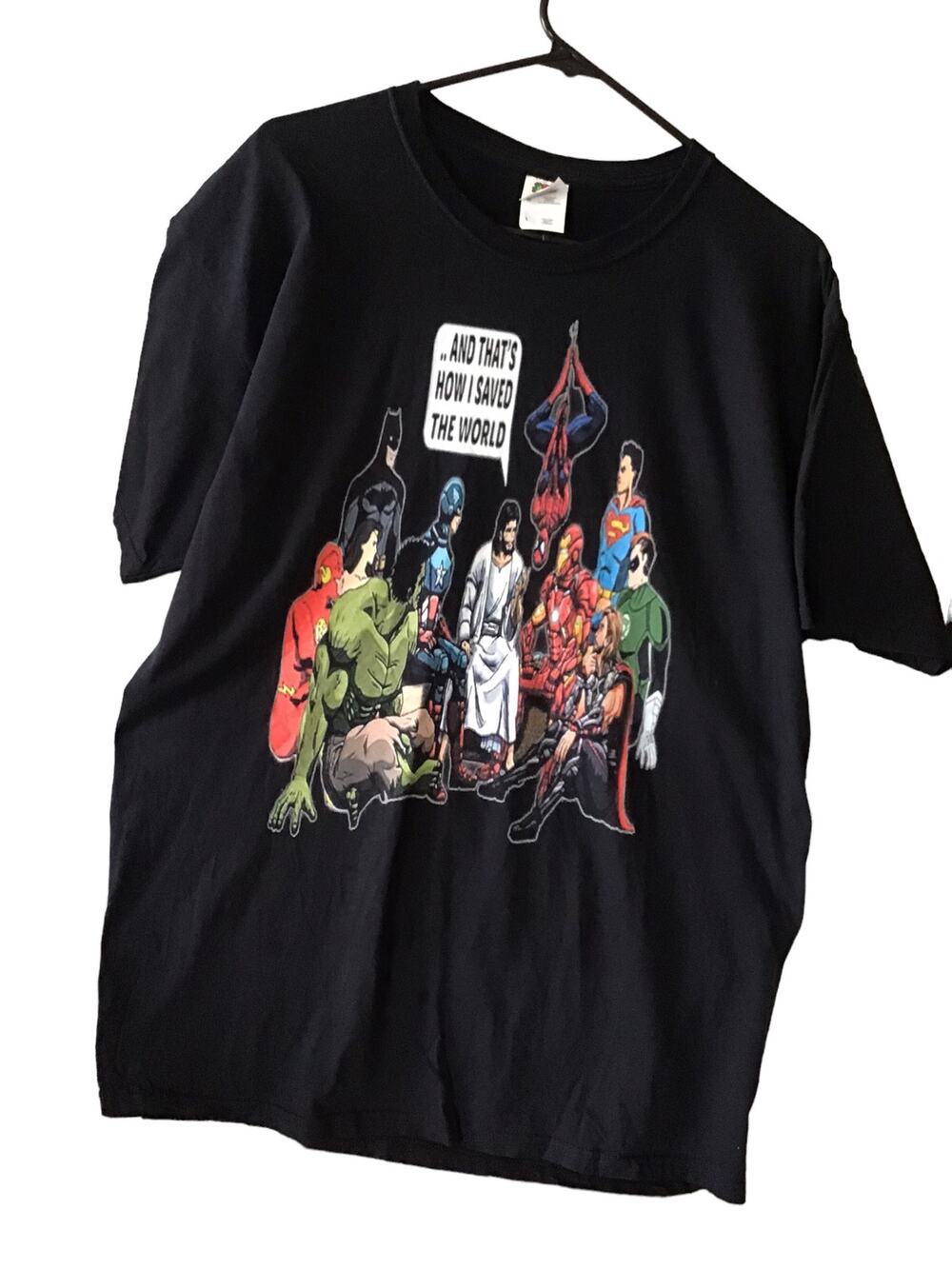 Fruit of the Loom Graphic Tee “And That’s How I Saved ...” Super Heroes Size L
